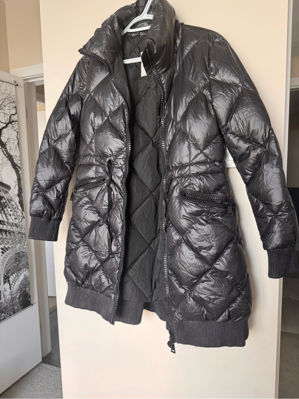 Moncler Women's Shiny Black Quilted Mid-Length Puffer Coat